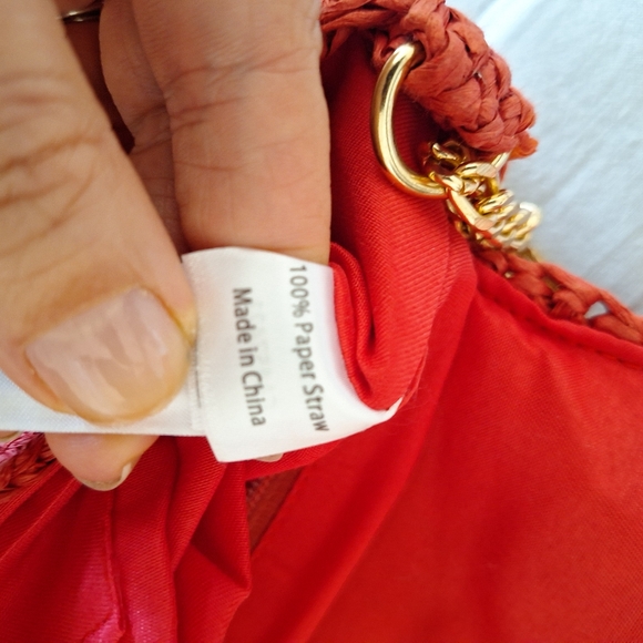 LOFT  Red Paper Straw Pom Pom Small Handbag - Picture 7 of 7